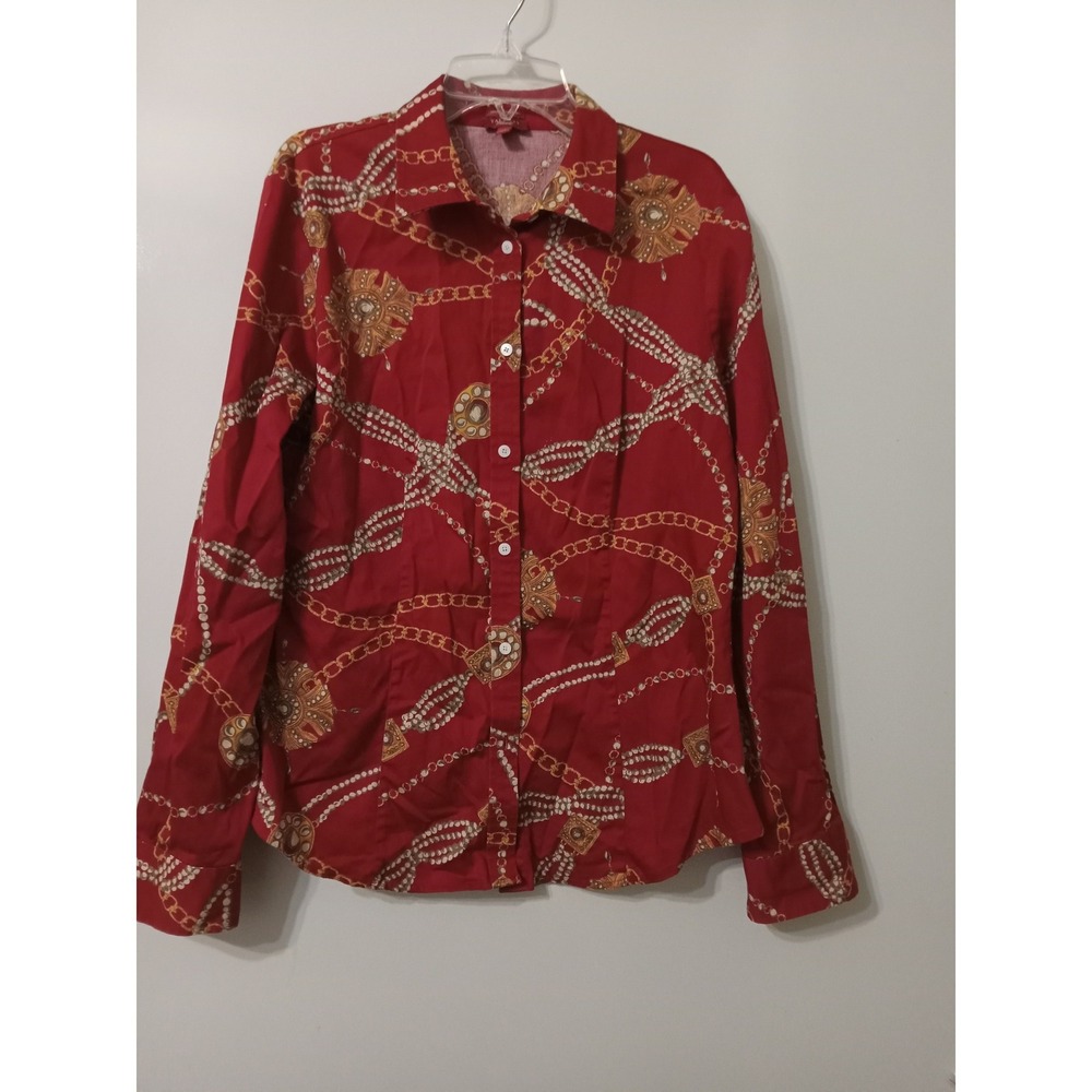 Talbots Haberdashery Red Chain Print Stretch Cotton Sateen Blouse Size 10 Medium